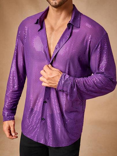 Manfinity VCAY Men's Fashionable Casual Loose Fit Sequin Decor Long Sleeve Open Front Knit Shirt