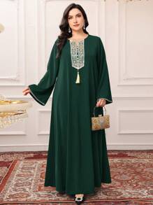 Al Najma Plus Size Women Patchwork Trim Tassel Long Sleeve Arabian Style Dress,Modest - Dark Green - View 1