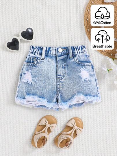 SHEIN Shorts en jean bohème pour jeunes filles printemps été, shorts en jean délavé et décontracté pour filles