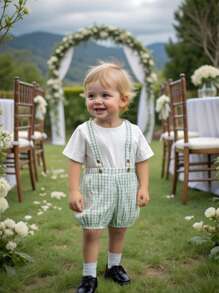 SHEIN 2pcs/Set Baby Boy Peter Pan Collar Short Sleeve Top And Bib Shorts - Mint Green - View 4