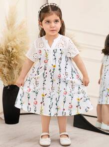 SHEIN Baby Girl Summer Cute Floral Embroidery Short Sleeve Dress - Pink - View 1