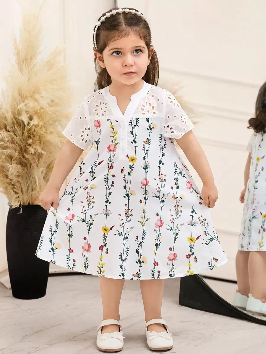 SHEIN Baby Girl Summer Cute Floral Embroidery Short Sleeve Dress - Pink - View 1