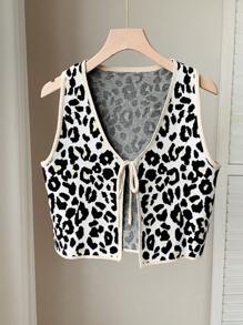 Comfortcana Women's Casual Leopard Print Tie-Up Sleeveless Cardigan