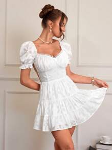 SHEIN VCAY 女士泡泡袖系带露背 V 领腰部荷叶边网眼花卉迷你连衣裙，适合生日派对穿着 - 白色 - 查看 3