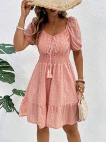 Flirla Plus Size Front Tie Embroidery & Applique French Elegant Puff Sleeve Dress - Orange - View 5