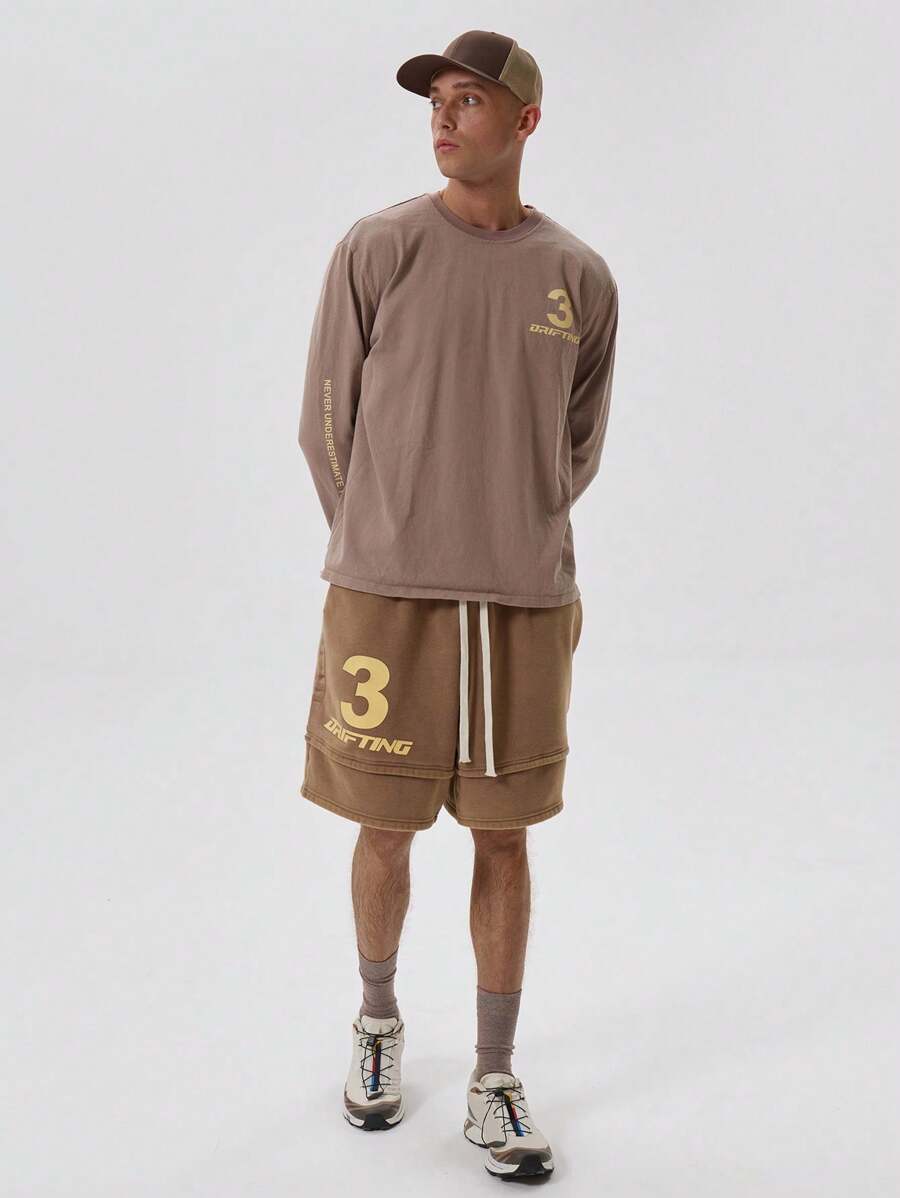 Musero Washed Graphic Slogan Print Seam Detail Shorts - Khaki - View 1