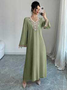 Al Najma Women's Elegant Embroidered Applique Arabic Style Long Dress, Modest Kaftan - Mint Green - View 6