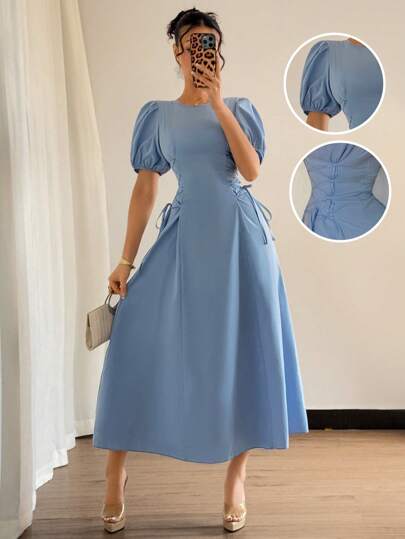 Elenzga 2025 Summer Wedding French Blue Regular Shoulder Puff Sleeve Ruched Waist Tie Side Fitted Elegant Romantic Vacation Dress