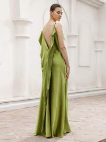 Aveloria Rosie Sexy Elegant Resort Satin Draped Neck High Slit Solid Color Dress For Women   Old Money Style For Summer
