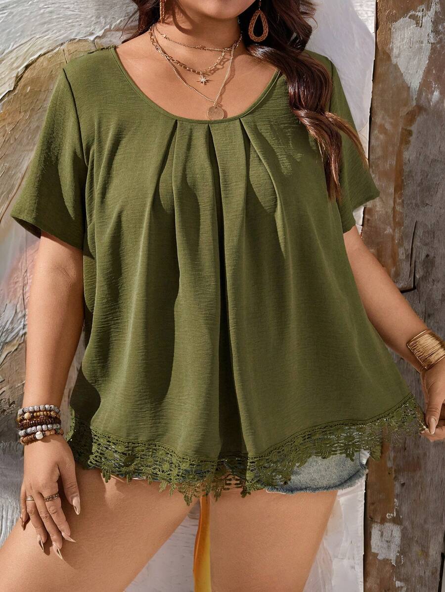 SHEIN LUNE Áo cánh rộng rãi màu trơn cổ tròn viền hoa cho nữ cỡ lớn, mùa hè - xanh quân đội - Xem 1