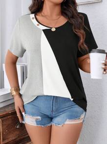 SHEIN LUNE تي شيرت كاجوال لسيدات البدينات بألوان والتصميم الملون، أنيق للارتداء اليومي