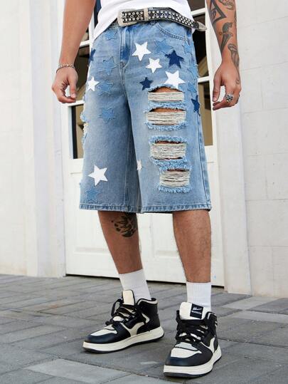 Anime Men's Anime Star Embroidered Denim Short Sleeve Shirt