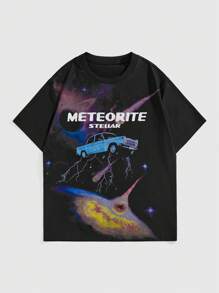ROMWE MEN ROMWE Avant Men's Vintage Casual Universe & Car Printed T-Shirt, Summer