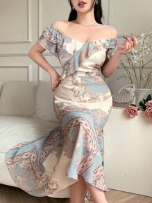DAZY Abito estivo in chiffon da donna con scollo quadrato, vita, stampa retrò e maniche corte, con volant e decorazione floreale