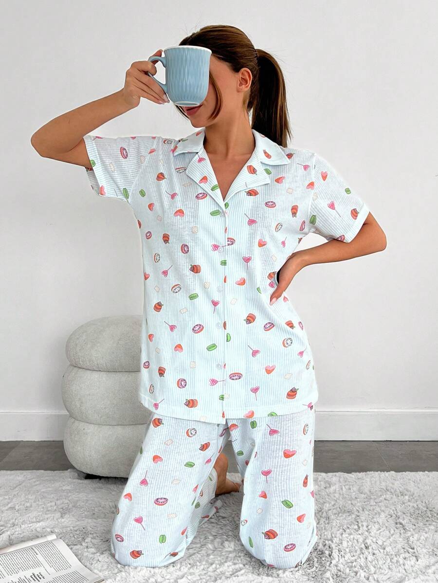 RueChic Women 2 Pcs Button Front With Cute Pattern Detail Homewear PJ Set - Apricot - View 1