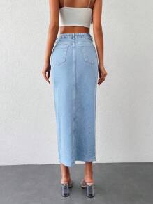 EURMUSE Split Thigh Denim Skirt - Light Wash - View 2