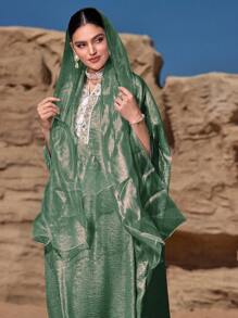 Al Najma Women's Patchwork Webbed V-Neck Batwing Sleeve Turkish Casual Dress Kaftan Jalabiya Dress - Dark Green - View 1