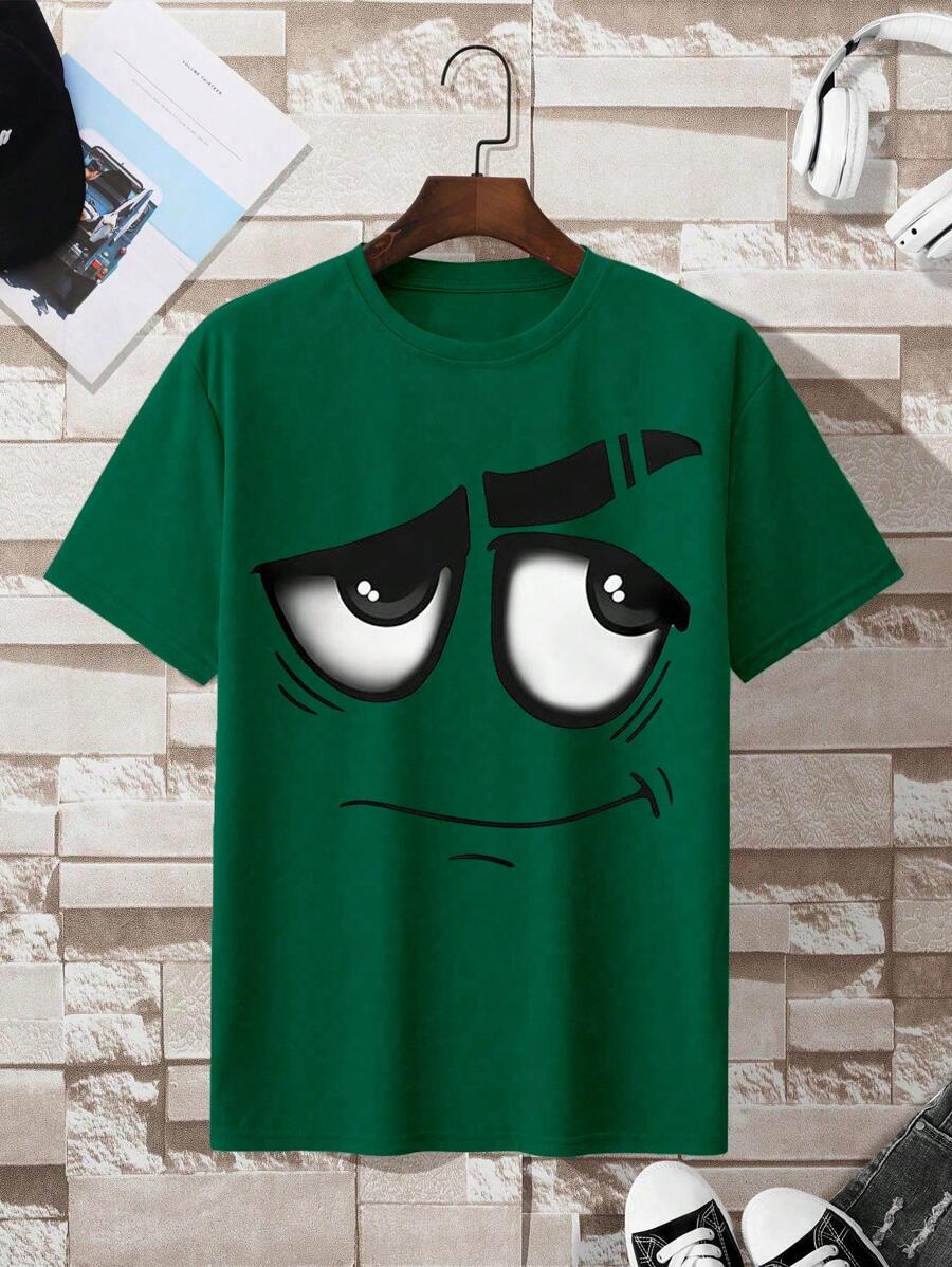 Manfinity Dauomo 男士卡通脸印花圆领短袖休闲 T 恤 - 軍綠色 - 查看 1