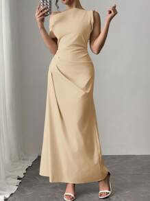 Firerie Vestido largo de talle alto en color albaricoque con un diseño elegante, minimalista y romántico con hombros fruncidos, estilo urbano y moderno, apto para uso diario y para ir al trabajo - Caqui - Ver 5