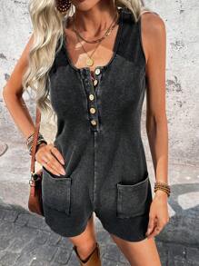 SHEIN LUNE Women's Casual Washed Fabric Music Festival Jumpsuit With Pockets, Everyday Wear For Spring & Summer  Summer Outfits For Women Vacation Outfits Woman Western Wear Women Concert Outfit Women Rave Outfits Festival