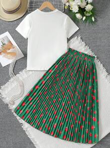 青少年女孩节日印花短袖上衣和玫瑰褶印花裙，两件套节日套装