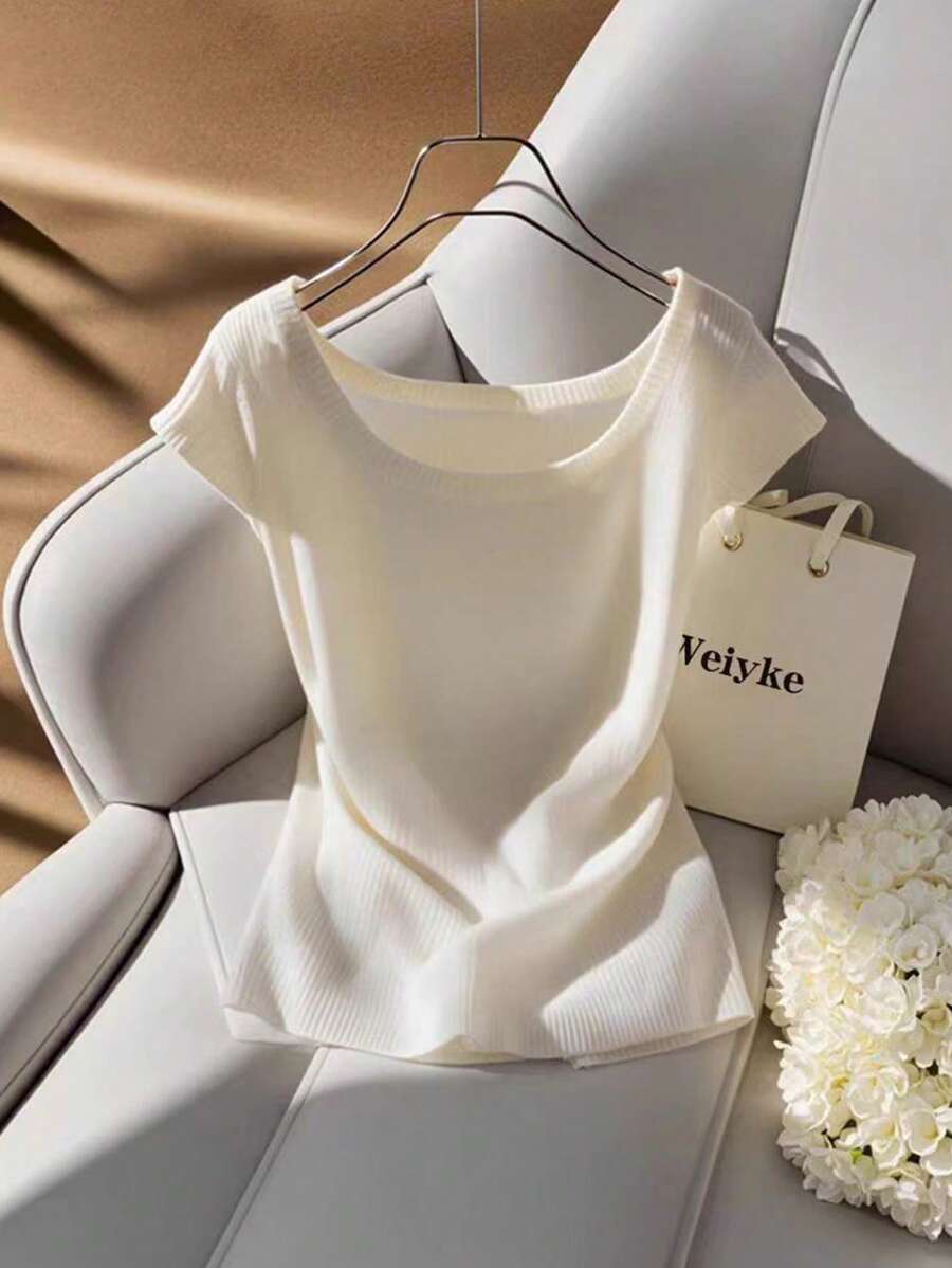 Franclia Nowy minimalistyczny, wszechstronny, stylowy, dopasowany, jednokolorowy sweter z dzianiny z dekoltem w kształcie litery U dla kobiet, wiosna/lato