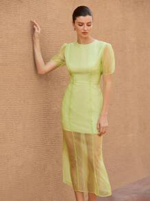 GENKIRA Women Lime Green Summer Elegant Party Dress,Round Neck Puff Sleeve Cinched Waist Slim Fit Layered Fish Tail Hem Sheer Organza Midi Dress - Green - View 2