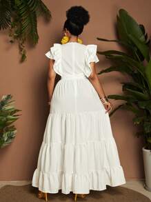 Maweii Vestido casual de talla grande para mujer, tipo línea A, de un solo color, con lazo en el pecho, para vacaciones