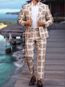 Calvornis Gift For Boyfriend, Men's Regular Plaid Print Casual Suit Two-Piece Suit, Lapel Collar Long-Sleeved Jacket And Pants Suit, Casual Wear