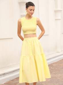 Aveloria Rosie Set de 2 piese, elegant, simplu, franțuzesc, pentru vacanță, artizanal, croit, fără mâneci, cu fustă în linie A cu talie înaltă și volane, galben, pentru femei, stil boho de plajă, la modă, pentru vară - Galben - Vizualizare 4