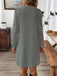EMERY ROSE Women's Casual Round Neck Long Sleeve Ribbed Mini Mesh Dress