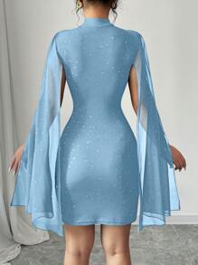 Elenzga Einfarbiges Bodycon-Minikleid mit Strassstein-Dekoration, Stehkragen und Flügelärmel