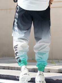 Teen Boy Pants Casual Printed Long Trousers, Contrast Gradient Letter & Gradient Print, Elastic Waist, Everyday Wear, Loose Street Style