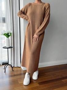 EURMUSE Round Neck Raglan Sleeve Maxi Sweater Dress With Beading - Camel - View 5