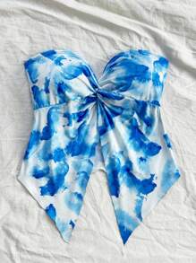 SHEIN Top sin tirantes azul con estampado de flores abstracto de teñido anudado para adolescentes, hecho de cómoda seda de hielo, apropiado para el té de la tarde o atuendo de temporada de graduación, top sin tirantes asimétrico de corte estrecho con estampado de teñido anudado multicolor, para primavera/verano, ropa de resort