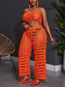 Slaydiva Conjunto de 2 piezas de punto con flecos en talla grande, sexy, para vacaciones de verano