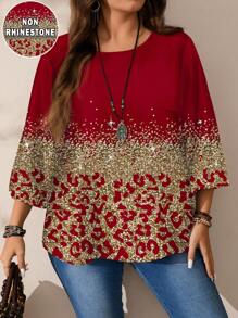 EMERY ROSE Blusa holgada de cuello redondo con estampado completo, manga 3/4, para mujer talla grande, primavera y otoño - Rojo - Ver 3