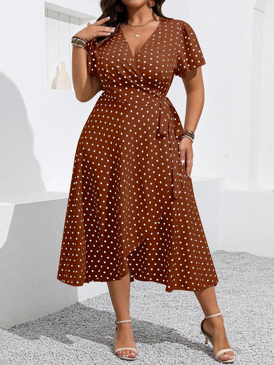 SHEIN Clasi Plus Size Polka Dot Print Tie Waist Wrap Dress For Vacation & Leisure Maxi Women Outfit
