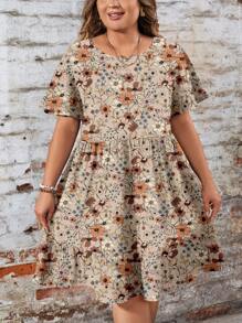 EMERY ROSE 杏色花卉印花浪漫图案休闲宽松圆领短袖大码连衣裙，适合秋冬季