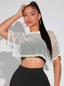 SHEIN SXY 白色女款圓領鏤空短袖短版上衣 - 白色 - 查看 6