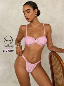 Pink Pearl Decorated Push-Up Bra - Swimwear