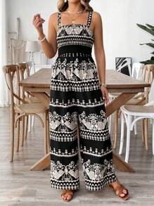 SHEIN Clasi Plus Size Women Totem Print Sleeveless Jumpsuit, Bohemian Holiday Style - Black - View 4