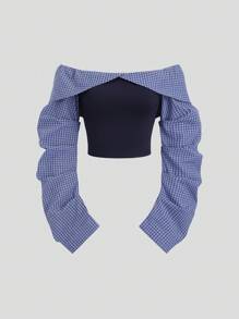 Sweetra Women's Color Blocking Off Shoulder Sexy Blouse, Suitable For Spring/Autumn Fall Cloth For Women - Navy Blue - View 1