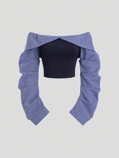 Sweetra Women's Color Blocking Off Shoulder Sexy Blouse, Suitable For Spring/Autumn Fall Cloth For Women