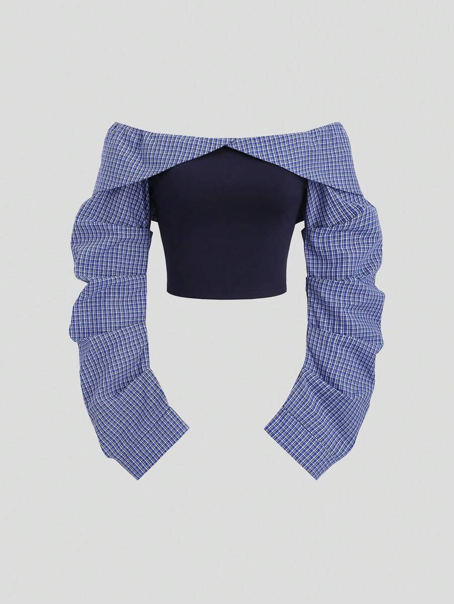 Sweetra Women's Color Blocking Off Shoulder Sexy Blouse, Suitable For Spring/Autumn Fall Cloth For Women - Navy Blue - View 1