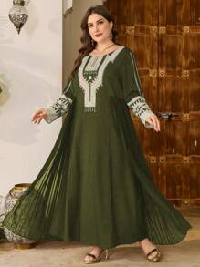 Al Najma 休闲印花雪纺褶皱长袖宽松常规大码女式阿拉伯风格连衣裙，春秋季，端庄