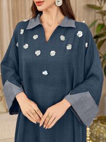 Al Najma 女士优雅亮片花卉束腰连衣裙和阿拉伯传统长袍，春夏季，朴素的卡夫坦 - 藍色 - 查看 3