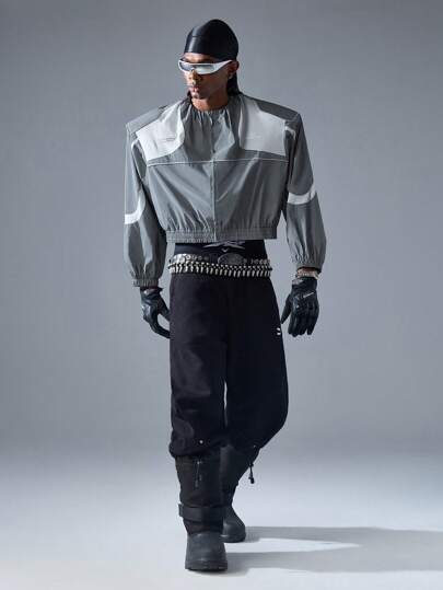 NEON BLANC Chaqueta de manga larga tejida reflectante de color gris plateado de moda urbana para otoño e invierno