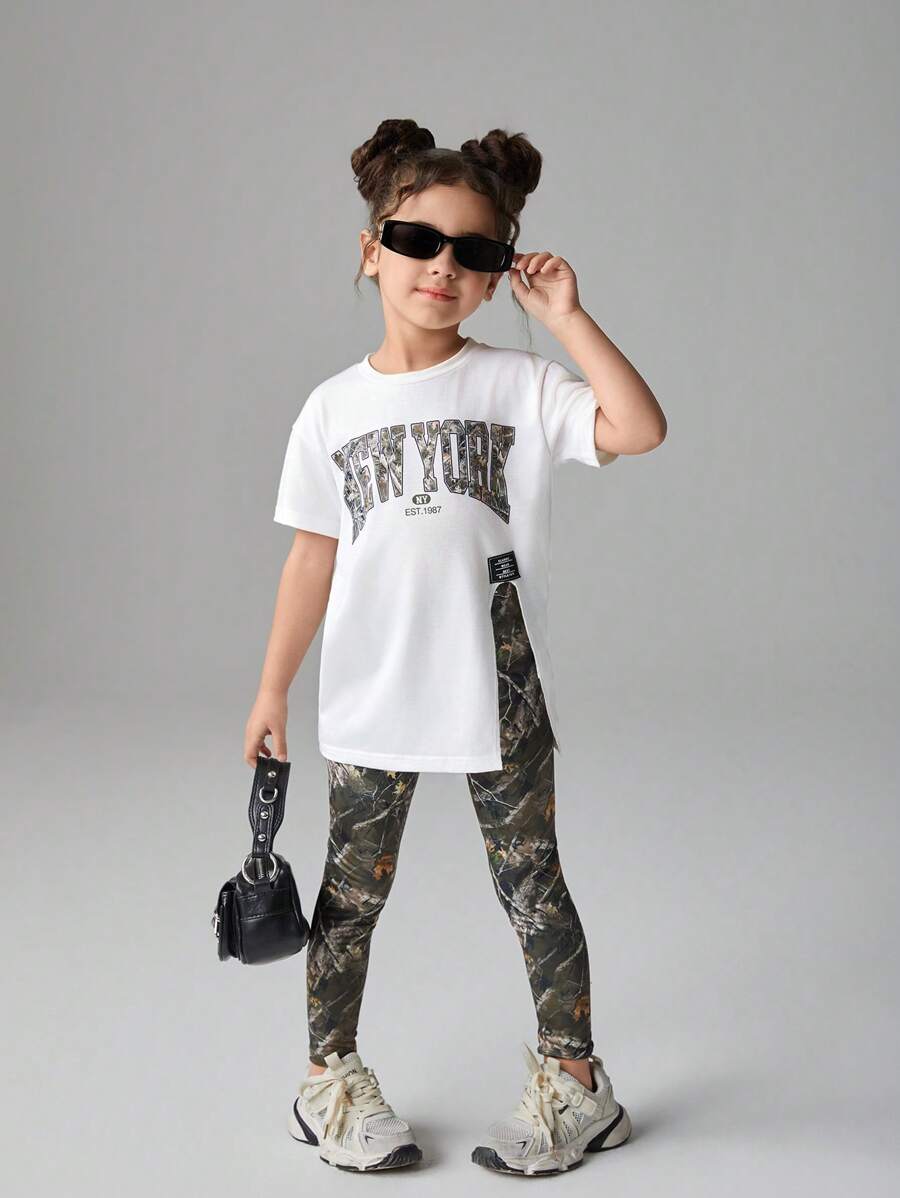 SHEIN 年轻女孩休闲简约短袖 T 恤和裤子两件套，时尚日常穿着 - 彩色 - 查看 1