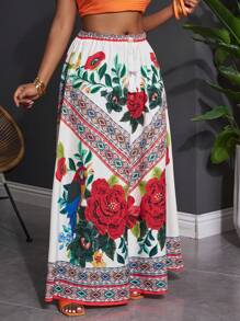 Slaydiva 大码宽松花卉印花长款A字裙，适合春夏度假